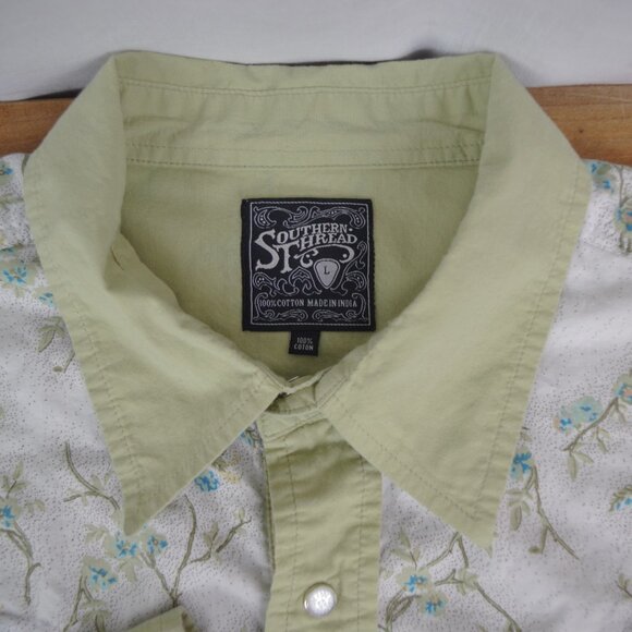 Men's Light Green Floral Decorative Snap Button Western Shirt Large - Picture 3 of 8